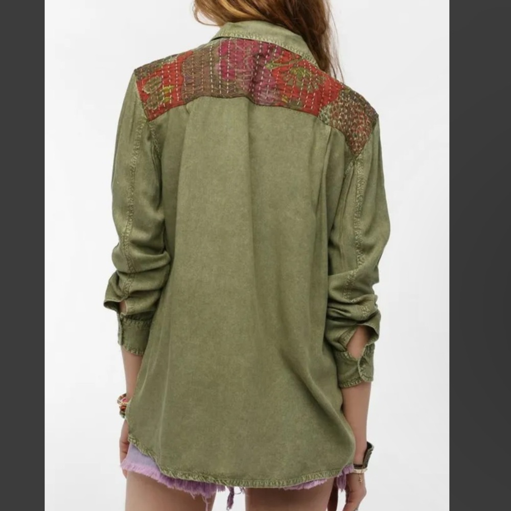 Staring at Stars Olive Green Button-Down Shirt with Red Patchwork Yoke